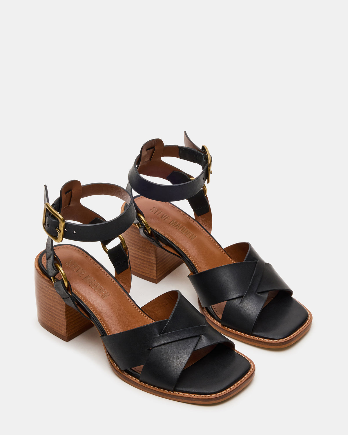 TRURO Black Leather Strappy Wood Bottom Square-Toe Women's Heel Steve Madden BLACK LEATHER