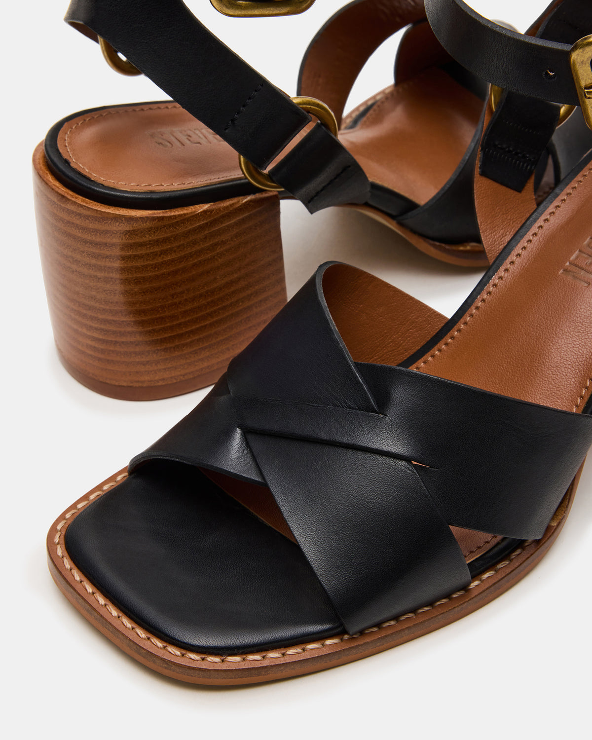 TRURO Black Leather Strappy Wood Bottom Square-Toe Women's Heel Steve Madden BLACK LEATHER