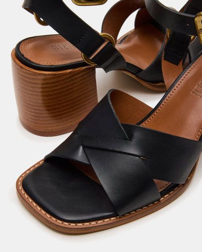 TRURO Black Leather Strappy Wood Bottom Square-Toe Women's Heel Steve Madden BLACK LEATHER