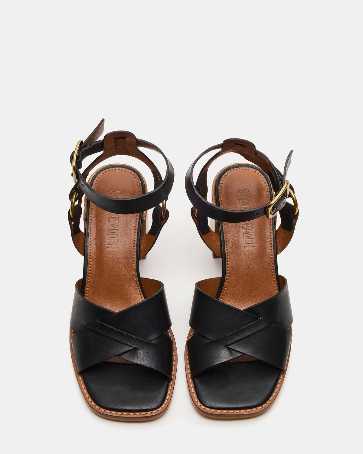 TRURO Black Leather Strappy Wood Bottom Square-Toe Women's Heel Steve Madden BLACK LEATHER