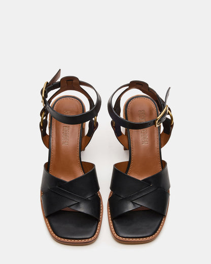 TRURO Black Leather Strappy Wood Bottom Square-Toe Women's Heel Steve Madden BLACK LEATHER