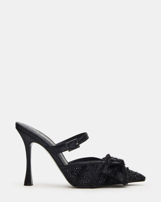 BAYLIN Black Satin Rhinestones Bow Pointed-Toe Stiletto Women's Heel