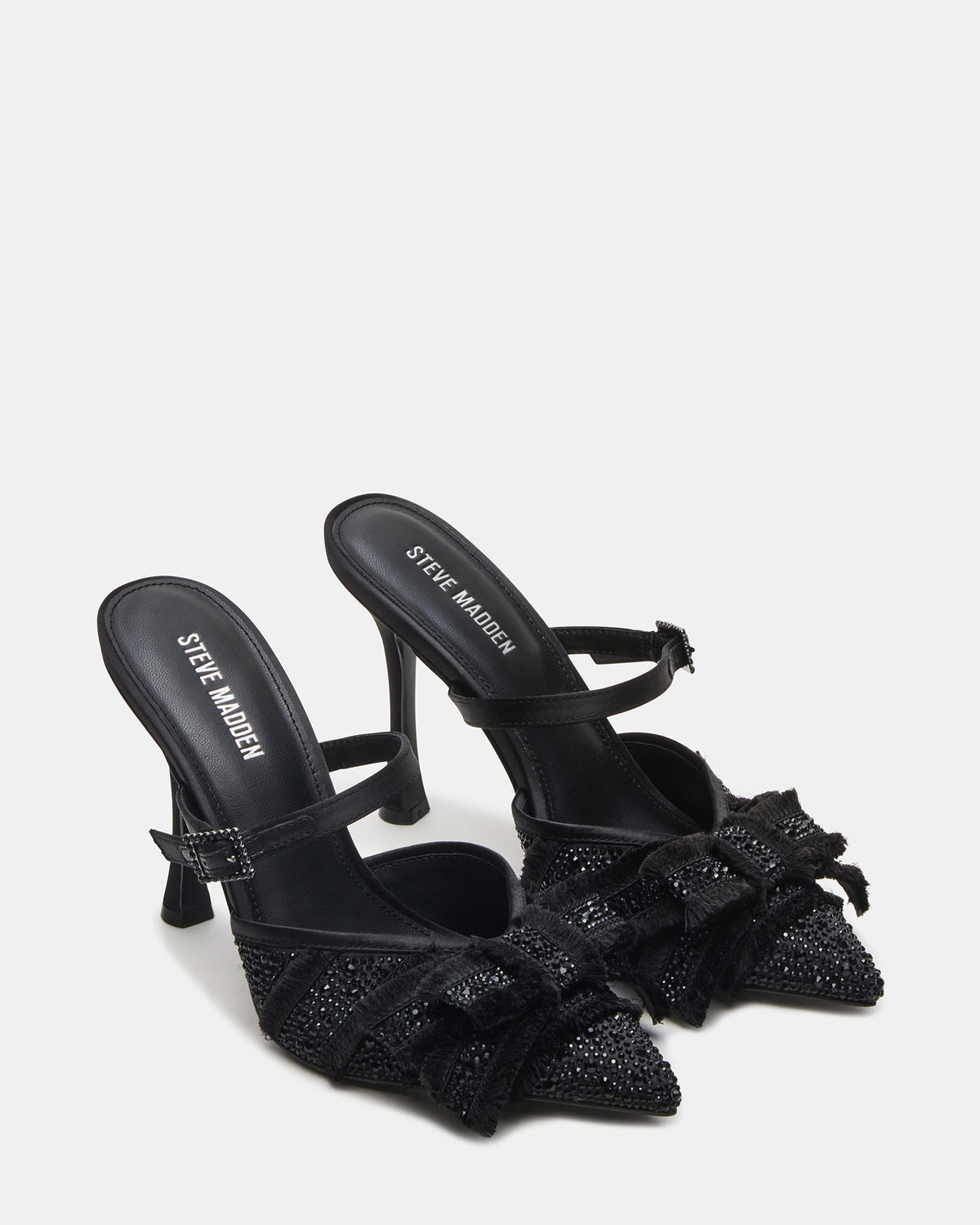 BAYLIN Black Satin Rhinestones Bow Pointed-Toe Stiletto Women's Heel Steve Madden BLACK SATIN