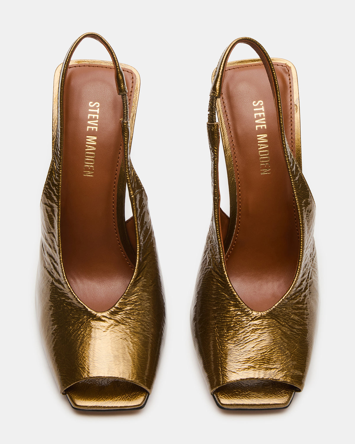 LUCIAN Olive Crinkle Patent Square-Toe Peep-Toe Slingback Women's Heel Steve Madden OLIVE CRINKLE PATENT