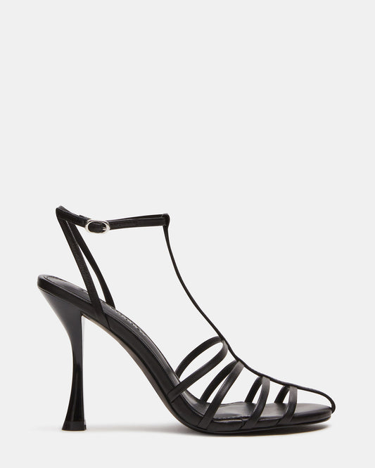 TILDAH Black Leather Strappy Rounded Toe Women's Heel