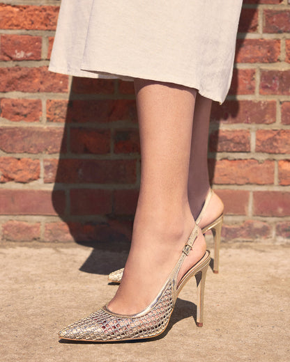 REYES Woven Gold Slingback Stiletto Pointed-Toe Pump Women's Heel Steve Madden GOLD