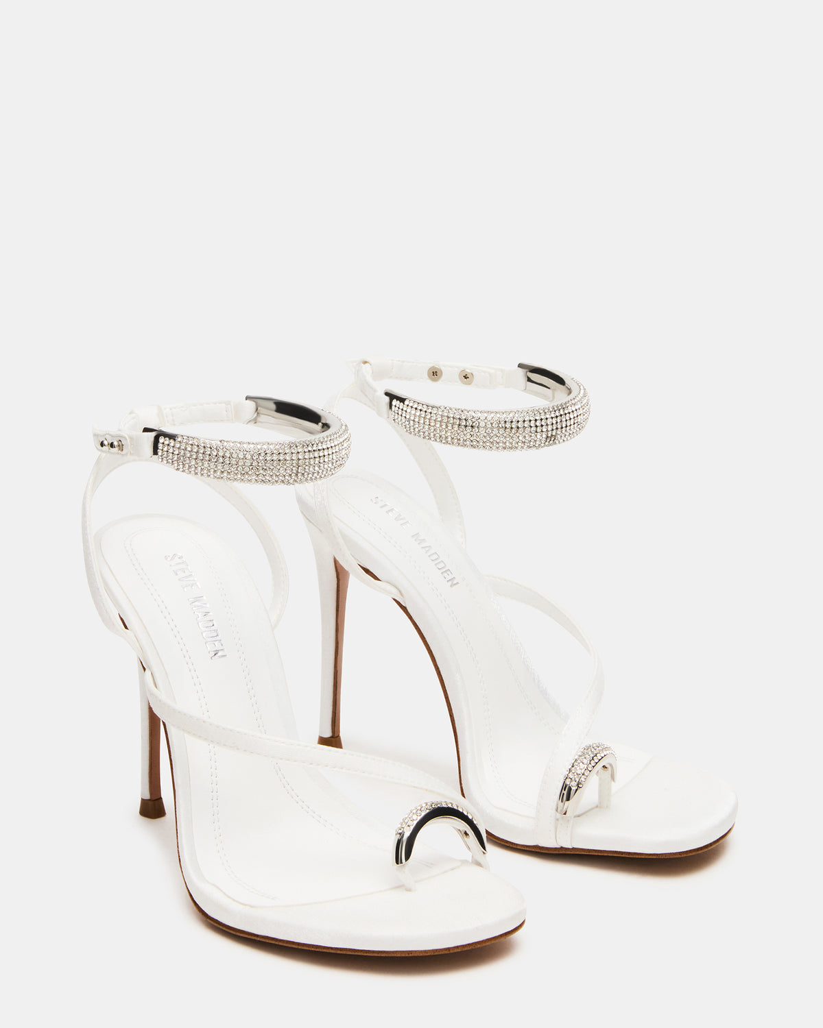 TIA Rhinestones White Satin Open-Toe Stiletto Women's Heel Steve Madden WHITE SATIN
