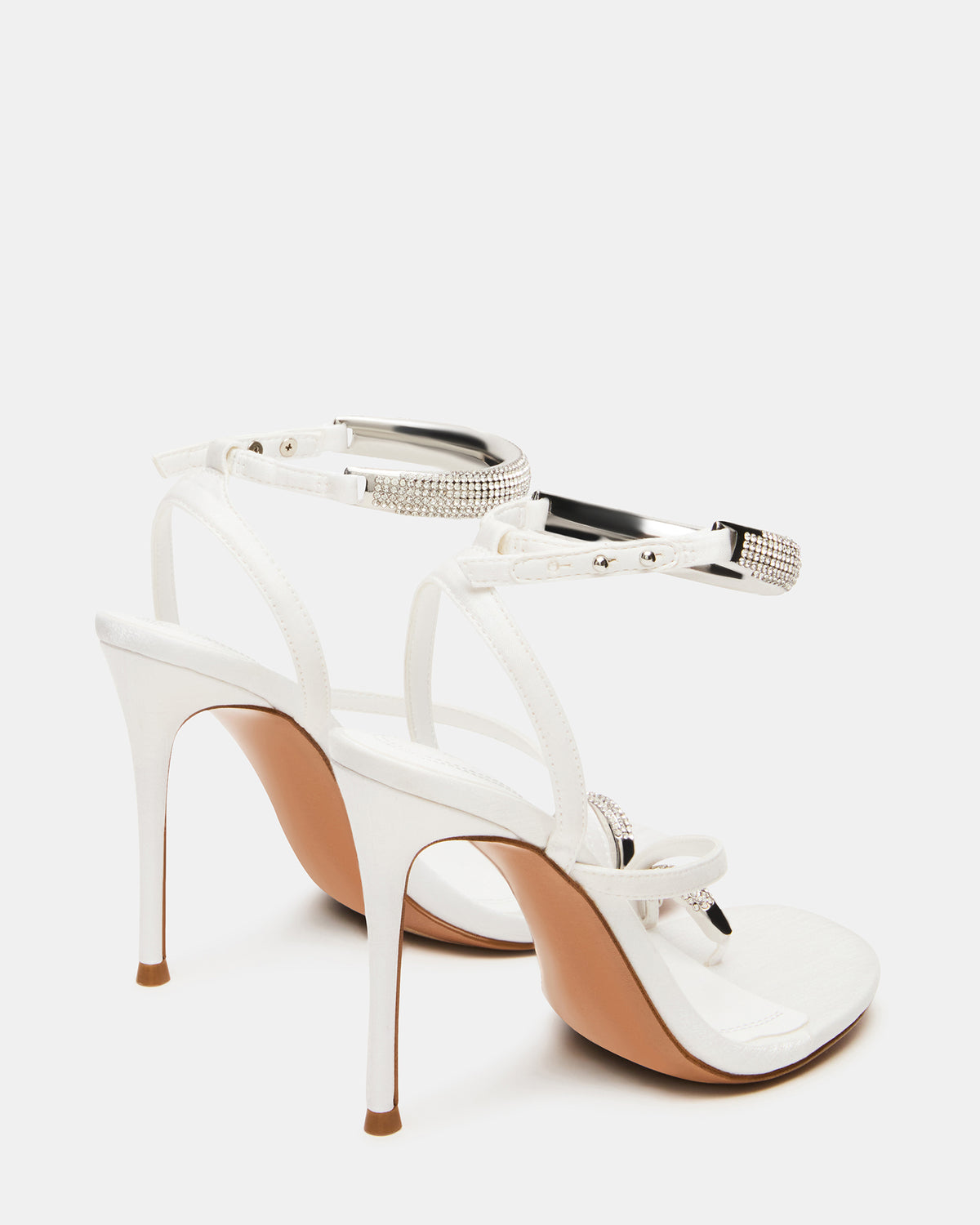 TIA Rhinestones White Satin Open-Toe Stiletto Women's Heel Steve Madden WHITE SATIN