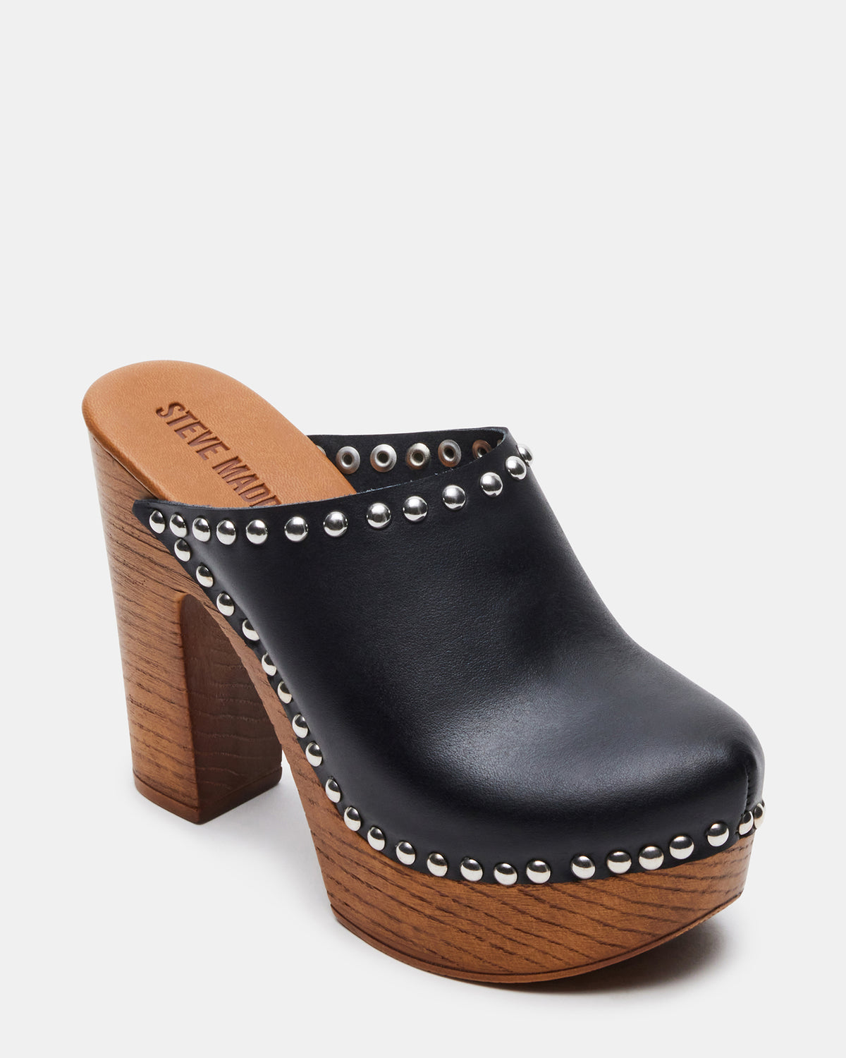 DUTCHESS Black Leather Women's Studded Platform Mule Clog Heel Steve Madden BLACK LEATHER