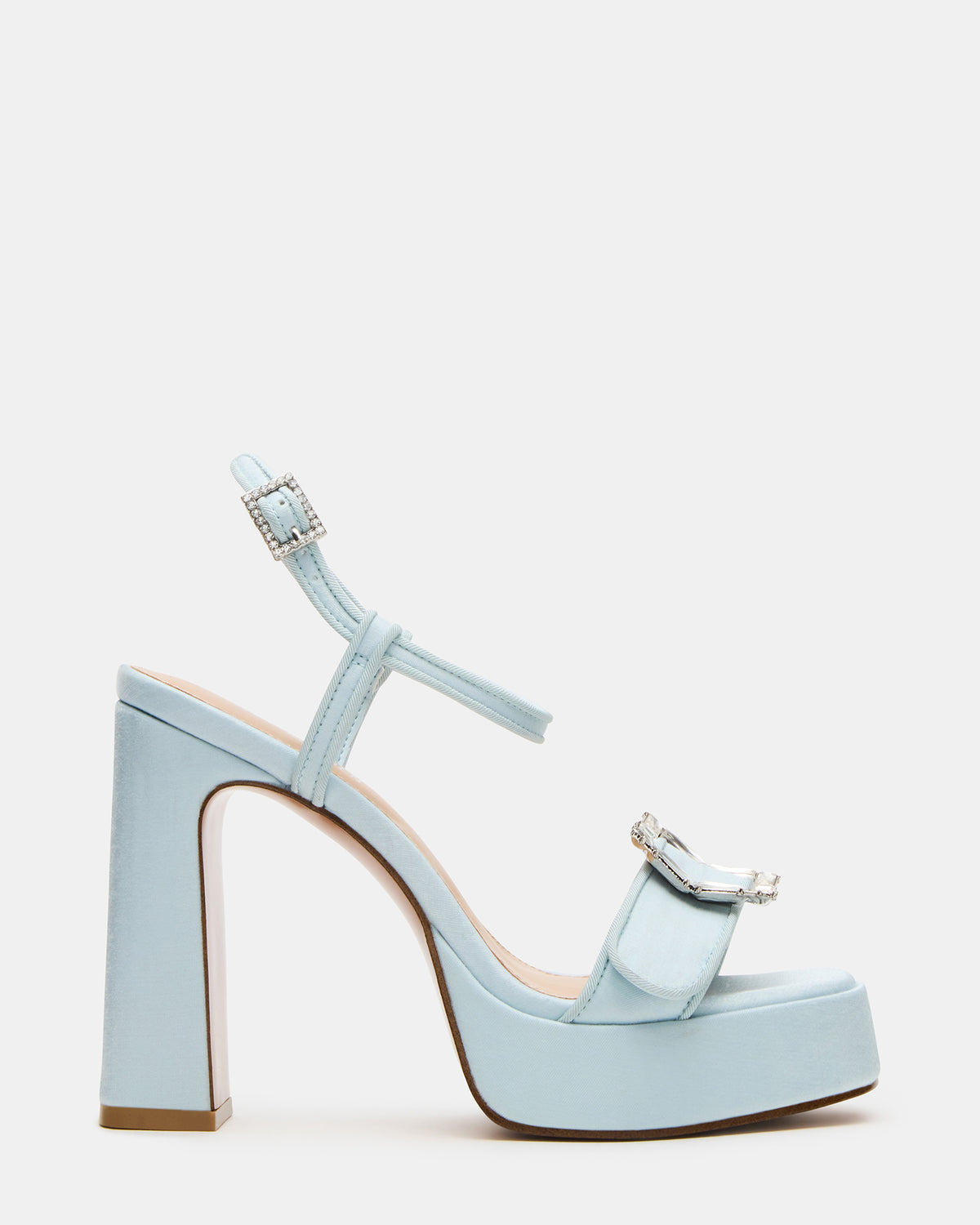 LIANDRA Buckle Blue Satin Women's Platform Square-Toe Strappy Heel Steve Madden BLUE SATIN