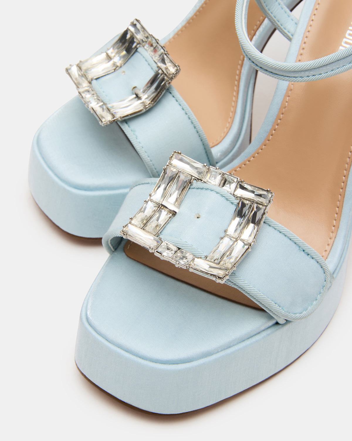 LIANDRA Buckle Blue Satin Women's Platform Square-Toe Strappy Heel Steve Madden BLUE SATIN