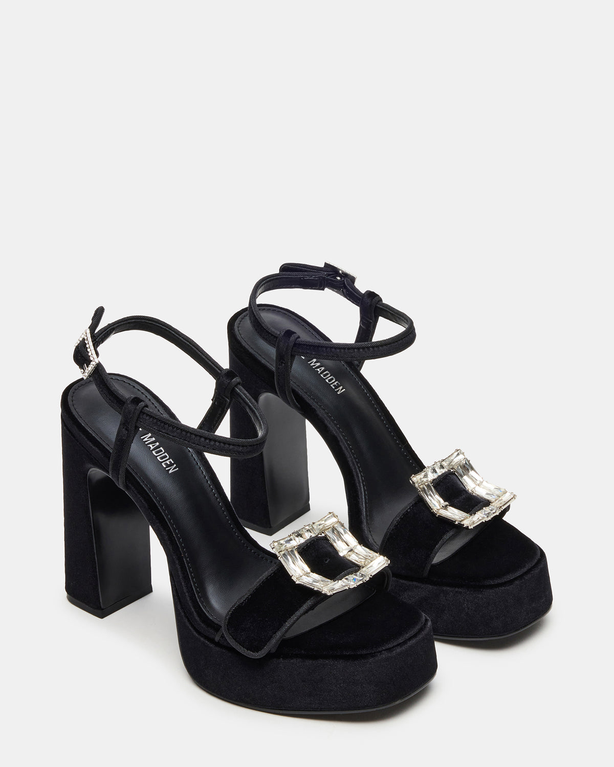 LIANDRA Buckle Black Velvet Women's Platform Square-Toe Strappy Heel Steve Madden BLACK VELVET