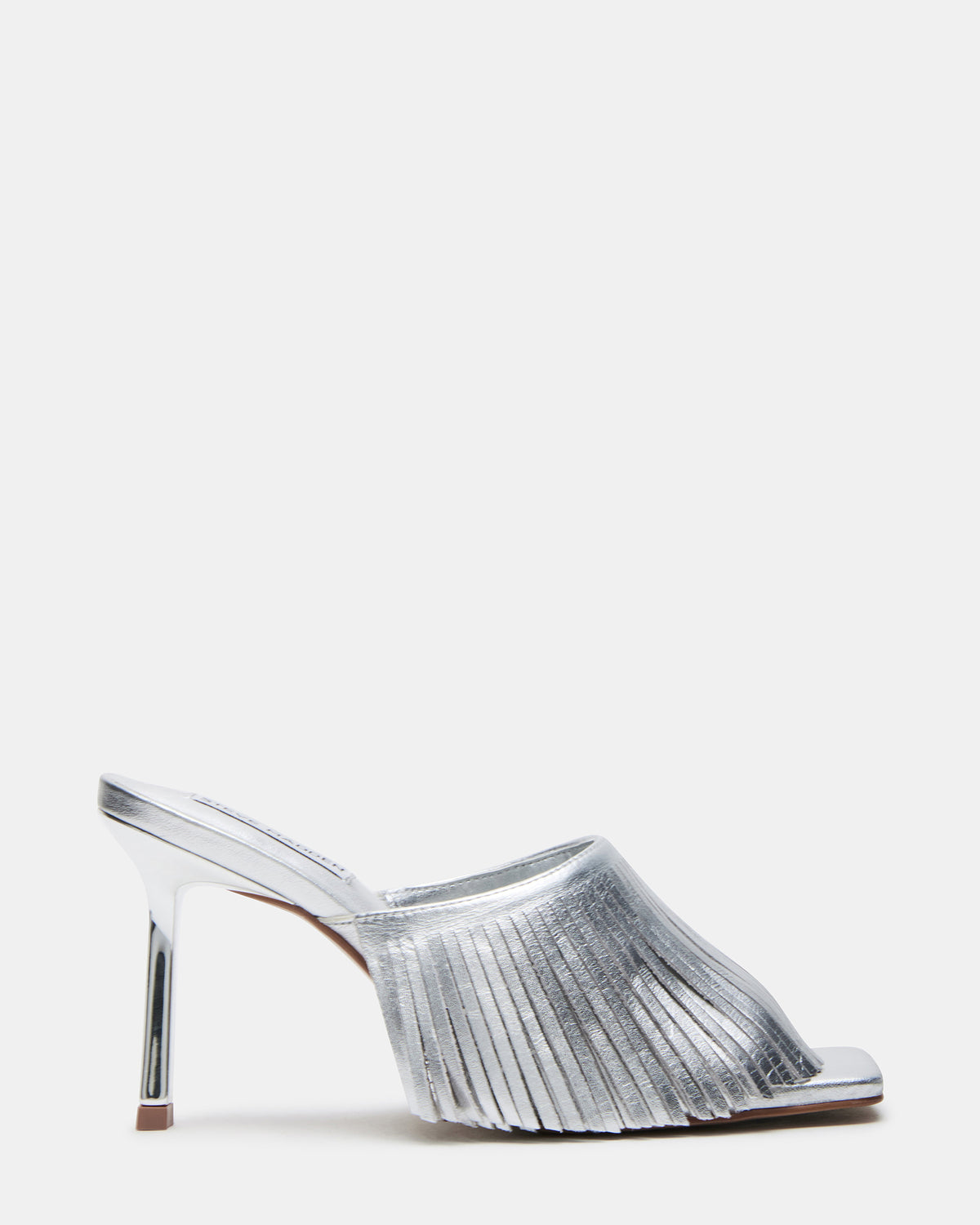 MORINA Silver Leather Square-Toe Stiletto Mule Fringe Heel | Women's Heels Steve Madden SILVER LEATHER