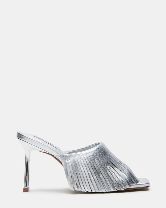 MORINA Silver Leather Square-Toe Stiletto Mule Fringe Heel | Women's Heels Steve Madden SILVER LEATHER