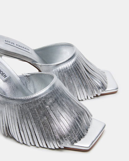 MORINA Silver Leather Square-Toe Stiletto Mule Fringe Heel | Women's Heels Steve Madden SILVER LEATHER