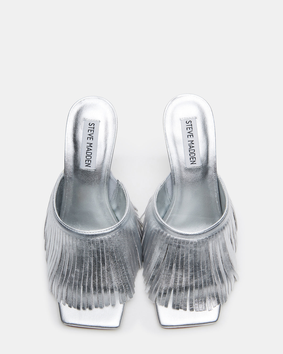 MORINA Silver Leather Square-Toe Stiletto Mule Fringe Heel | Women's Heels Steve Madden SILVER LEATHER