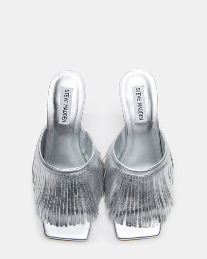 MORINA Silver Leather Square-Toe Stiletto Mule Fringe Heel | Women's Heels Steve Madden SILVER LEATHER