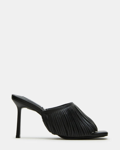 MORINA Black Leather Square-Toe Stiletto Mule Fringe Heel | Women's Heels Steve Madden BLACK LEATHER
