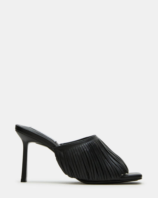 MORINA Black Leather Square-Toe Stiletto Mule Fringe Heel | Women's Heels Steve Madden BLACK LEATHER