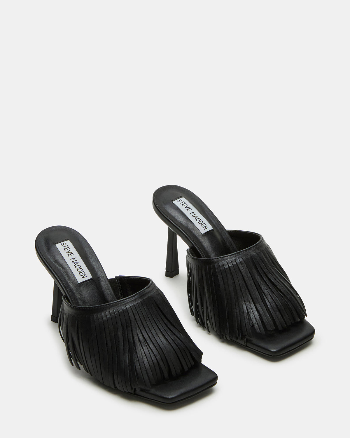 MORINA Black Leather Square-Toe Stiletto Mule Fringe Heel | Women's Heels Steve Madden BLACK LEATHER
