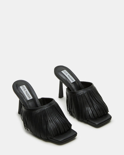 MORINA Black Leather Square-Toe Stiletto Mule Fringe Heel | Women's Heels Steve Madden BLACK LEATHER
