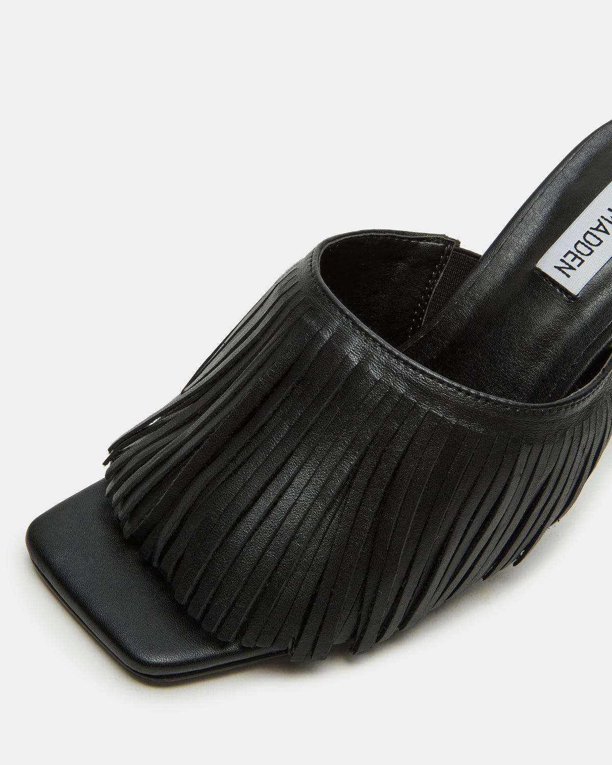 MORINA Black Leather Square-Toe Stiletto Mule Fringe Heel | Women's Heels Steve Madden BLACK LEATHER