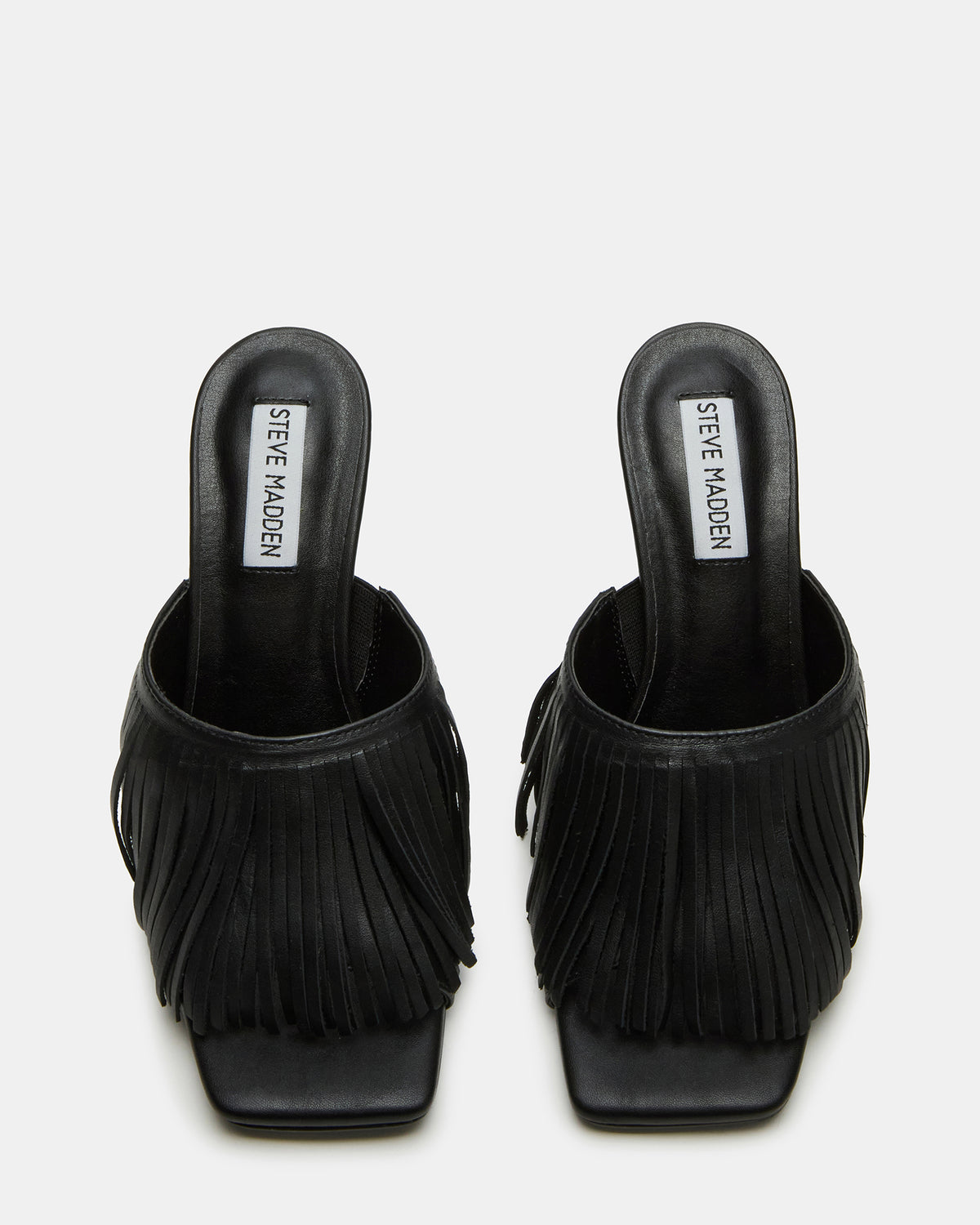 MORINA Black Leather Square-Toe Stiletto Mule Fringe Heel | Women's Heels Steve Madden BLACK LEATHER
