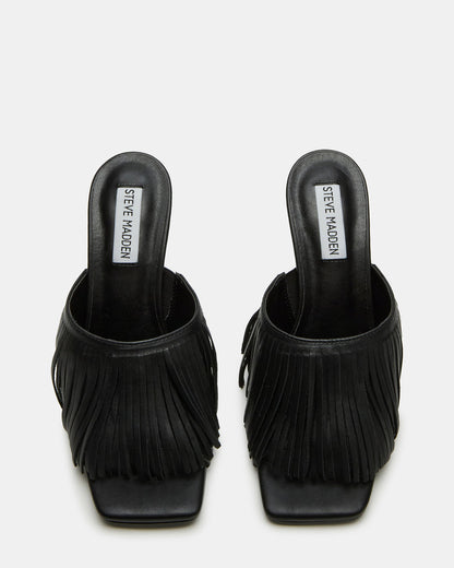 MORINA Black Leather Square-Toe Stiletto Mule Fringe Heel | Women's Heels Steve Madden BLACK LEATHER