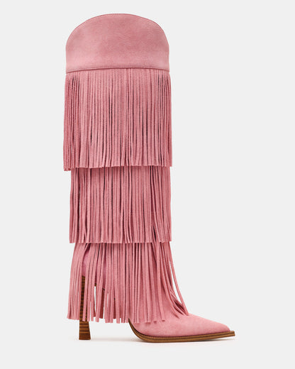 KINZEE Fringe Pink Suede Pointed-Toe Knee-High Western Stiletto Women's Boot Steve Madden PINK SUEDE