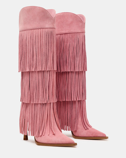 KINZEE Fringe Pink Suede Pointed-Toe Knee-High Western Stiletto Women's Boot Steve Madden PINK SUEDE