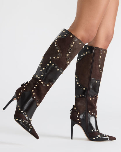REVIVE Brown Multi Pointed-Toe Knee-High Stiletto Women's Boot Steve Madden BROWN MULTI