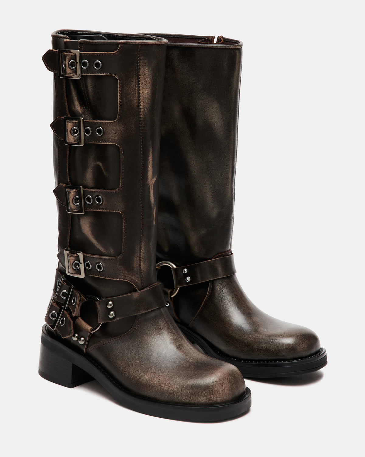 ROCKY Brown Distressed Women's Knee-High Moto Boots Steve Madden BRN DISTRESSED