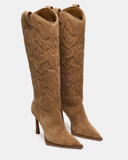 KINZEE Taupe Suede Pointed-Toe Knee-High Western Stiletto Women's Boot Steve Madden TAUPE SUEDE