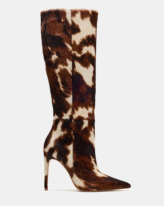 NITRO Brown Cow Print Pointed-Toe Stiletto Heel Knee-High Women's Boots Steve Madden BROWN MULTI