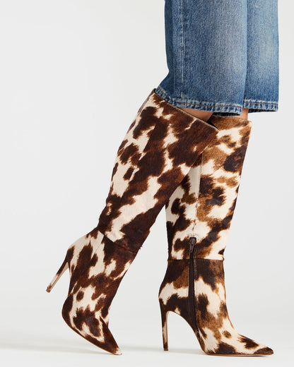 NITRO Brown Cow Print Pointed-Toe Stiletto Heel Knee-High Women's Boots Steve Madden BROWN MULTI