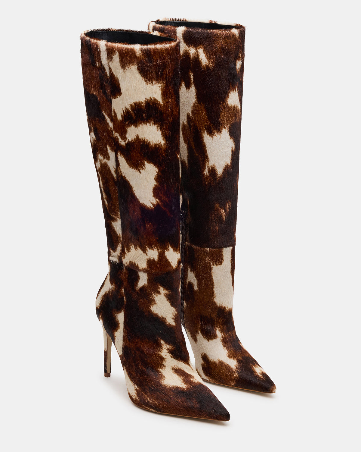 NITRO Brown Cow Print Pointed-Toe Stiletto Heel Knee-High Women's Boots Steve Madden BROWN MULTI