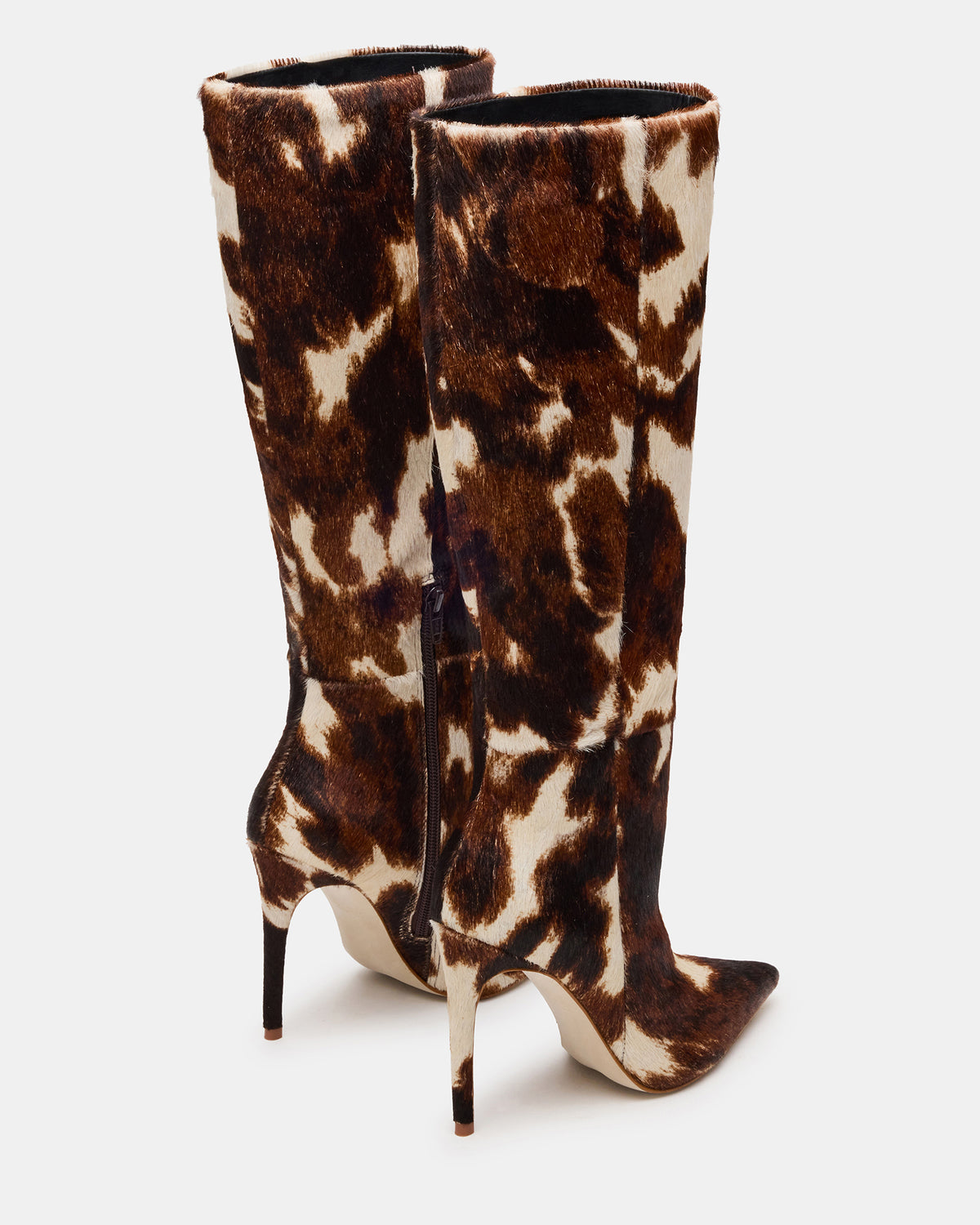 NITRO Brown Cow Print Pointed-Toe Stiletto Heel Knee-High Women's Boots Steve Madden BROWN MULTI