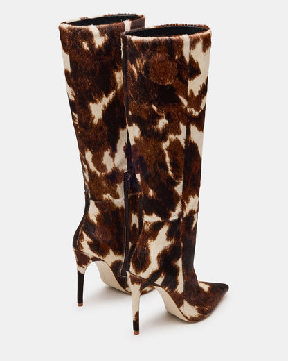 NITRO Brown Cow Print Pointed-Toe Stiletto Heel Knee-High Women's Boots Steve Madden BROWN MULTI
