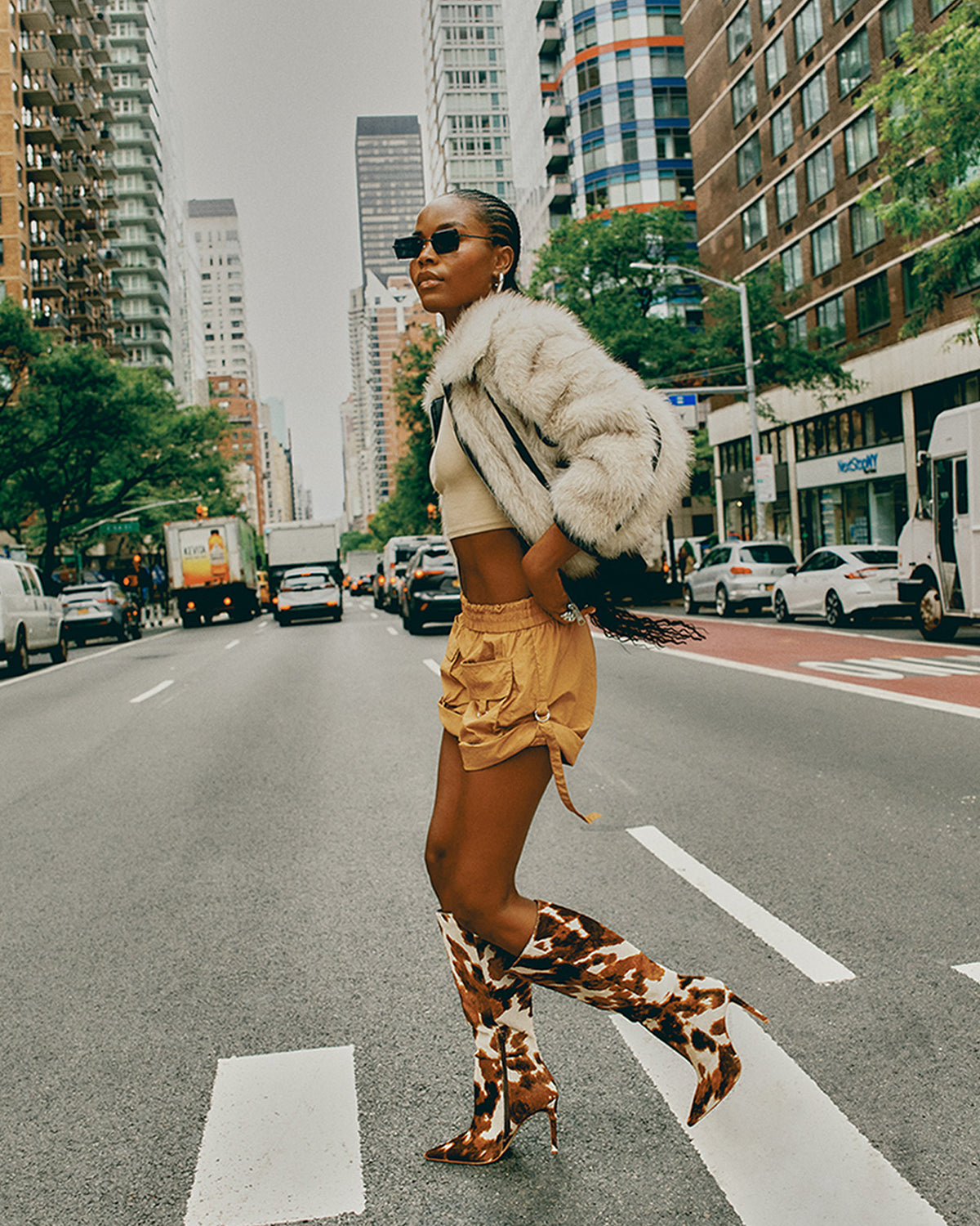 NITRO Brown Cow Print Pointed-Toe Stiletto Heel Knee-High Women's Boots Steve Madden BROWN MULTI