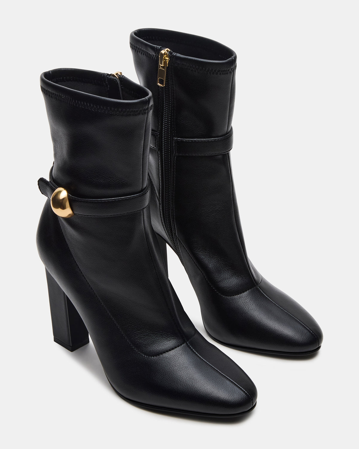 AROMA Black Buckle Gold Detail Block Heel Women's Ankle Boot Steve Madden BLACK