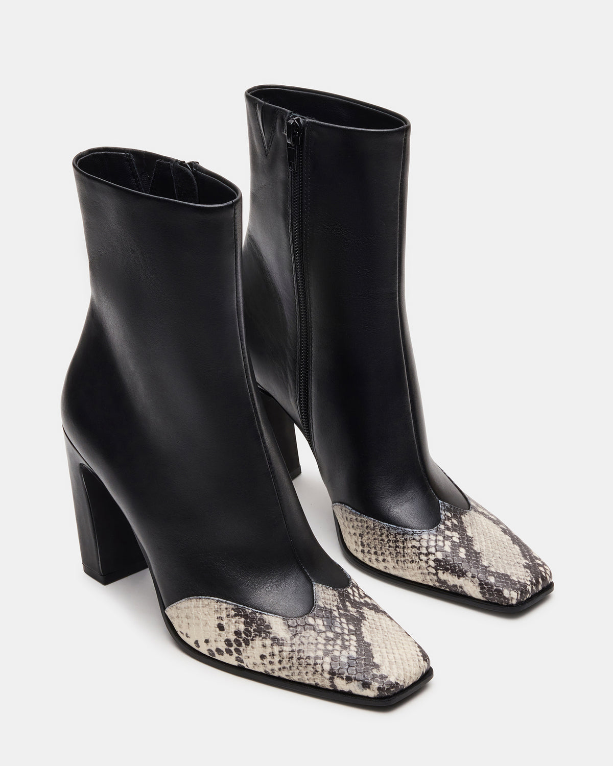 LYLE Black Leather with Snake Square-Toe Heeled Women's Ankle Boot Steve Madden BLACK LEATHER WITH SNAKE