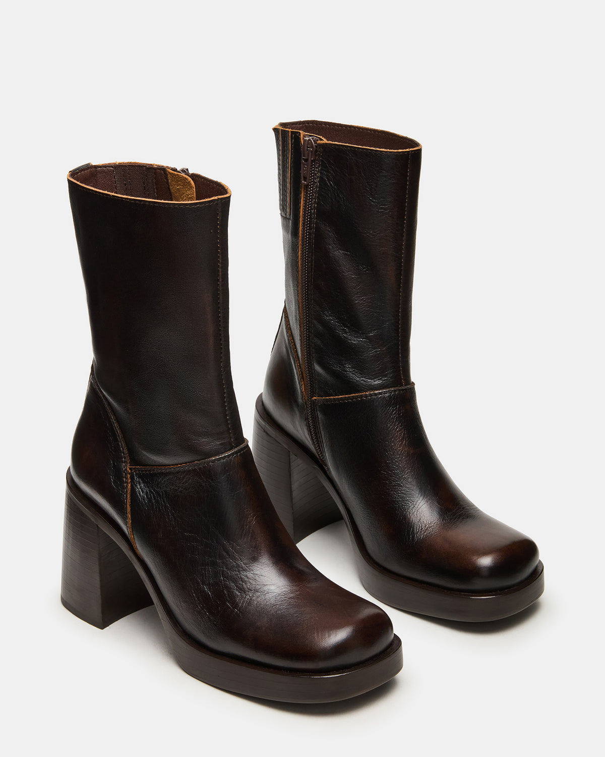 FUSION Brown Distressed Square-Toe Block Heel Women's Ankle Boot Steve Madden BROWN DISTRESSED