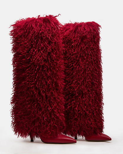 ICON Red Pointed-Toe Faux Fur Knee-High Stiletto Heel Women's Boot Steve Madden RED