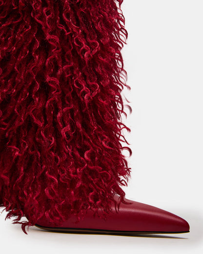 ICON Red Pointed-Toe Faux Fur Knee-High Stiletto Heel Women's Boot Steve Madden RED