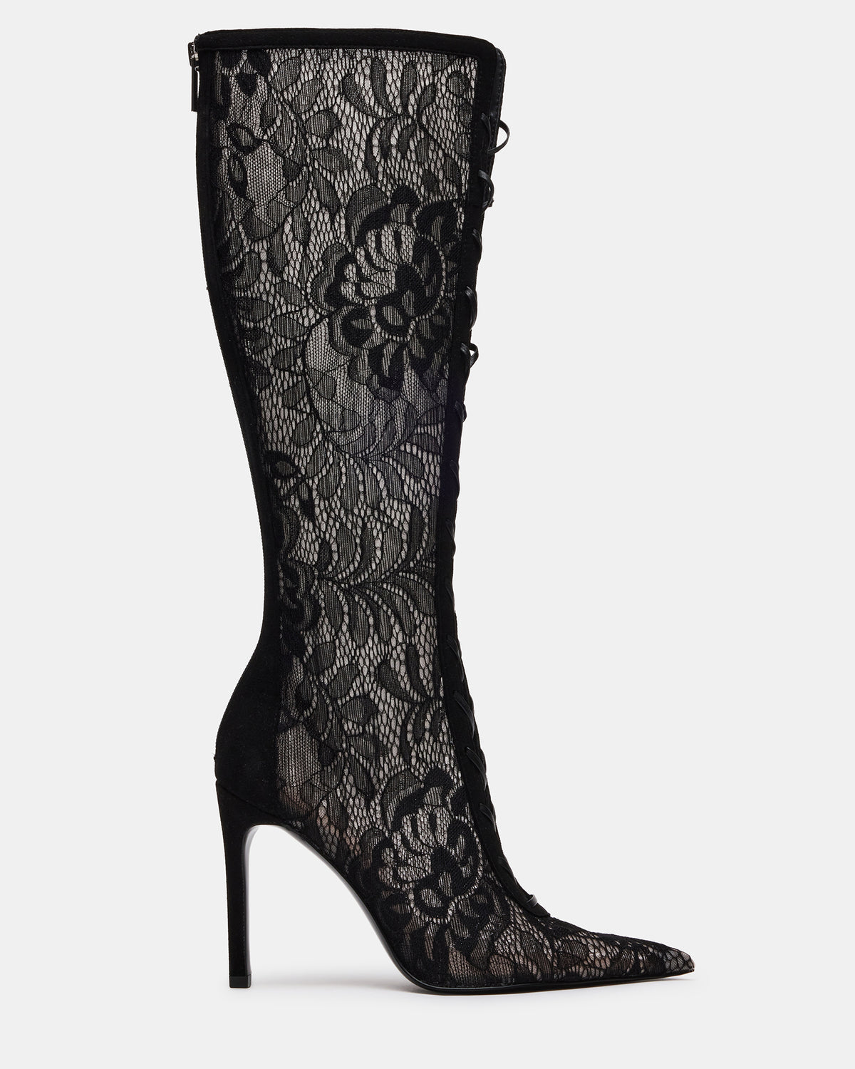 MAXINE Black Lace Pointed-Toe Knee-High Lace-Up Stiletto Women's Boot Steve Madden BLACK LACE