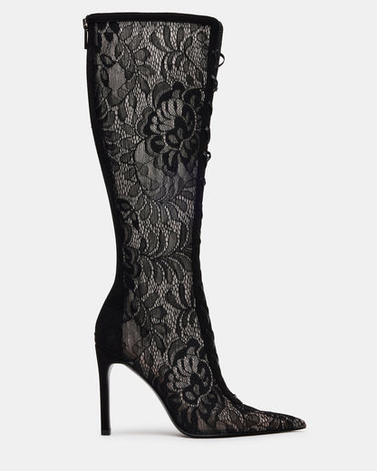 MAXINE Black Lace Pointed-Toe Knee-High Lace-Up Stiletto Women's Boot Steve Madden BLACK LACE