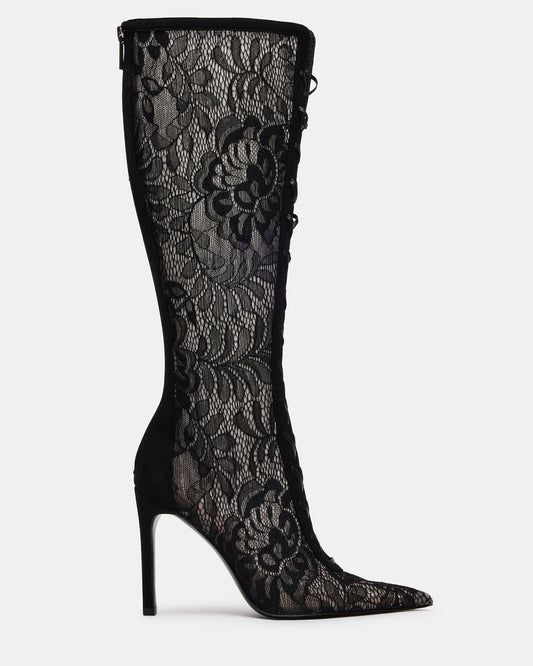 MAXINE Black Lace Pointed-Toe Knee-High Lace-Up Stiletto Women's Boot Steve Madden BLACK LACE