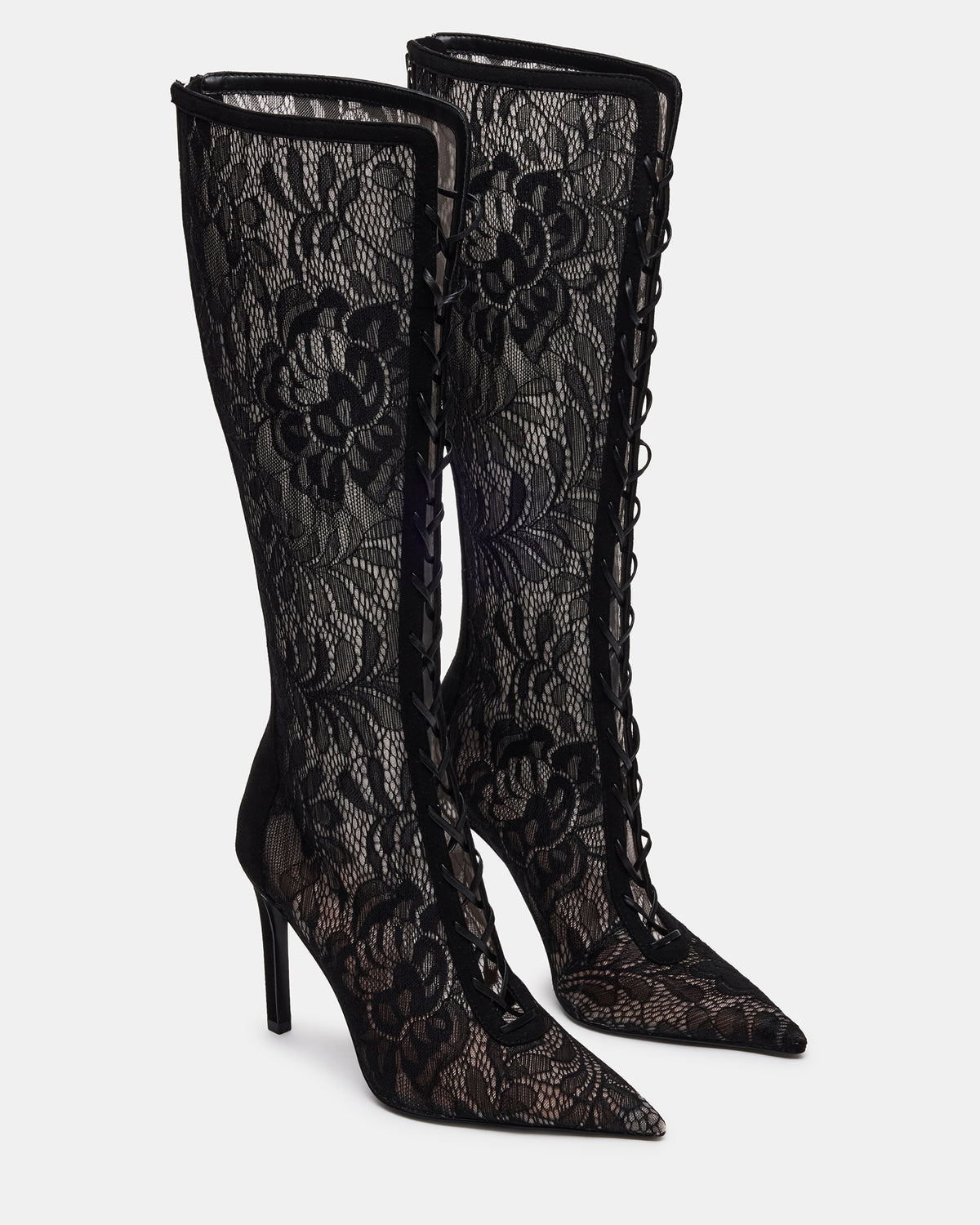 MAXINE Black Lace Pointed-Toe Knee-High Lace-Up Stiletto Women's Boot Steve Madden BLACK LACE