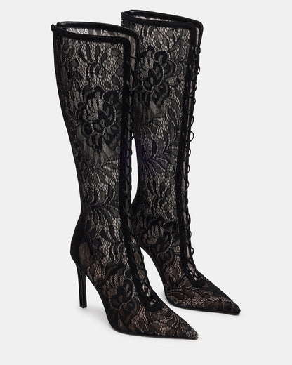 MAXINE Black Lace Pointed-Toe Knee-High Lace-Up Stiletto Women's Boot Steve Madden BLACK LACE