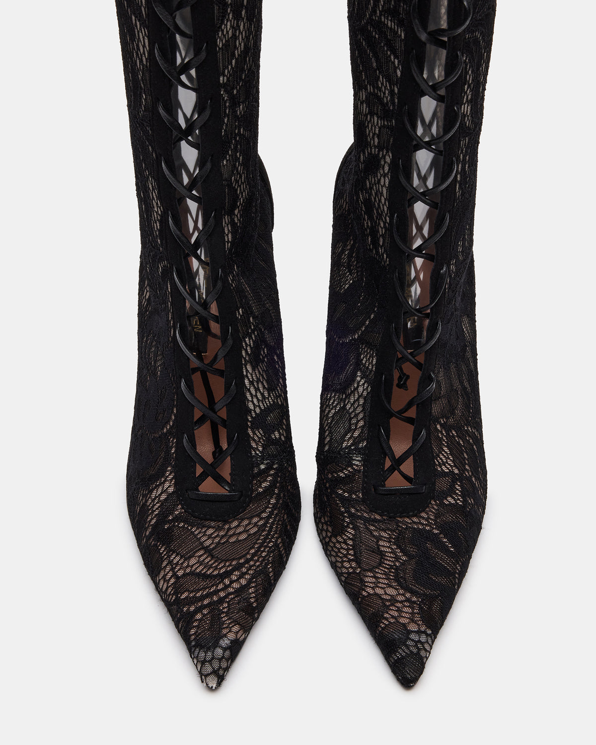 MAXINE Black Lace Pointed-Toe Knee-High Lace-Up Stiletto Women's Boot Steve Madden BLACK LACE